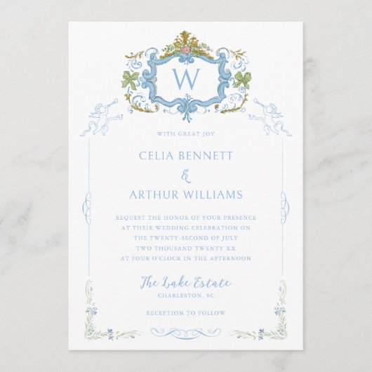 Rococo Blue Monogram Crest Wedding Einladung (Vorderseite)