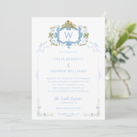Rococo Blue Monogram Crest Wedding Einladung (Stehend Vorderseite)