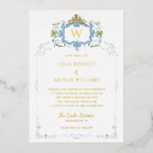 Rococo Blue Monogram Crest Wedding Folieneinladung (Vorderseite)