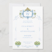 Rococo Blue Monogram Crest Wedding Save The Date (Vorderseite)