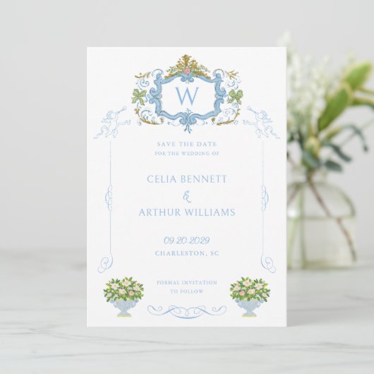 Rococo Blue Monogram Crest Wedding Save The Date (Stehend Vorderseite)