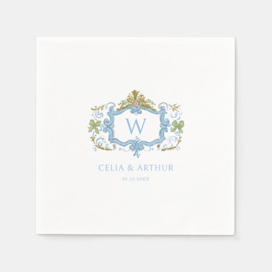 Rococo Blue Monogram Crest Wedding Serviette (Vorderseite)