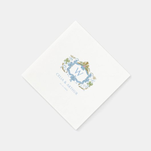Rococo Blue Monogram Crest Wedding  Serviette (Ecke)