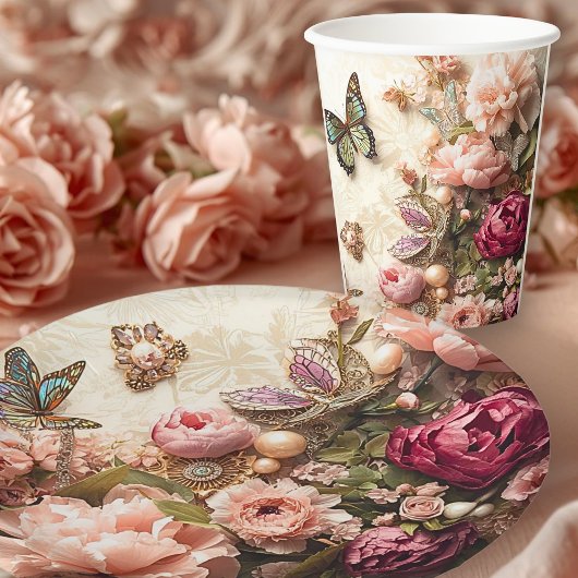 Rococo Butterfly Garden Galentine Floral Elegance Pappbecher