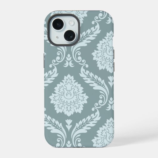 Rococo Damask Art I Duck Egg Blue+Teal iPhone 15 Hülle (Rückseite)