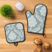 Rococo Damask Art I Duck Egg Blue+Teal Ofenhandschuh & Topflappen-Set (Oben Unten)