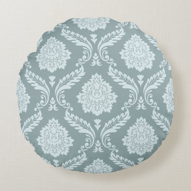 Rococo Damask Big Pattern Duck Egg Blue+Teal Rundes Kissen (Vorderseite)