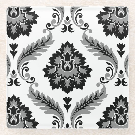 Rococo-Damask großes Muster Grau Schwarz Weiß Glasuntersetzer (Vorderseite)