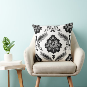 Rococo-Damask großes Muster grau schwarz weiß Kissen