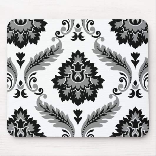 Rococo-Damask großes Muster Grau Schwarz Weiß Mousepad (Vorne)