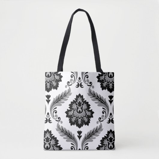 Rococo-Damask großes Muster Grau Schwarz Weiß Tasche (Vorderseite)