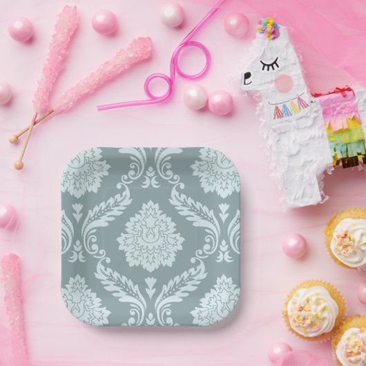 Rococo Damask Lg Pattern Duck Egg Blue+Teal Pappteller (Party)