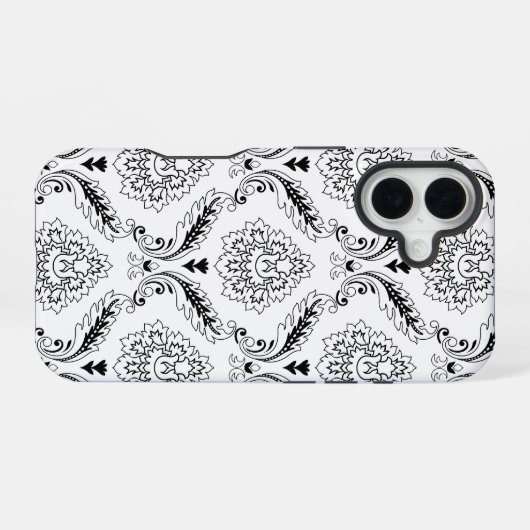 Rococo Damask Line Pattern Black on White iPhone 16 Hülle (Rückseite (Horizontal))