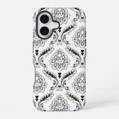 Rococo Damask Line Pattern Black on White iPhone 16 Hülle (Rückseite)