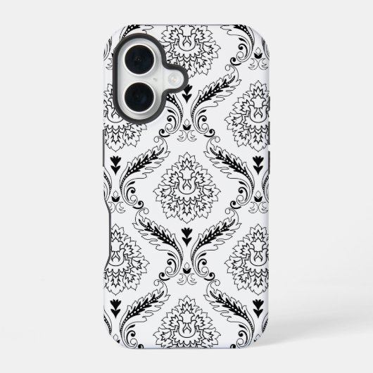 Rococo Damask Line Pattern Black on White iPhone 16 Hülle (Rückseite)