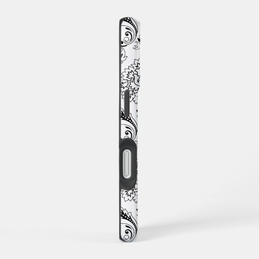 Rococo Damask Line Pattern Black on White iPhone 16 Hülle (Rechte Seite)
