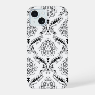 Rococo-Damask-Linienmuster Schwarz auf Weiß iPhone 15 Hülle