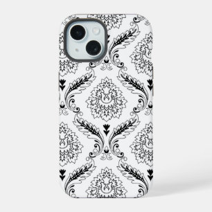 Rococo-Damask-Linienmuster Schwarz auf Weiß iPhone 15 Hülle