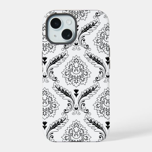 Rococo-Damask-Linienmuster Schwarz auf Weiß iPhone 15 Hülle (Rückseite)