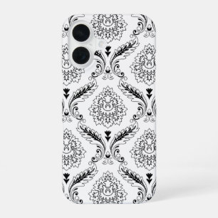 Rococo-Damask-Linienmuster Schwarz auf Weiß iPhone 16 Hülle