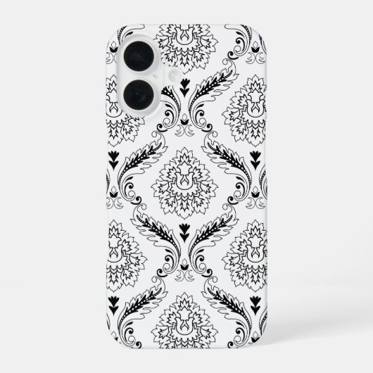 Rococo-Damask-Linienmuster Schwarz auf Weiß iPhone 16 Hülle (Rückseite)