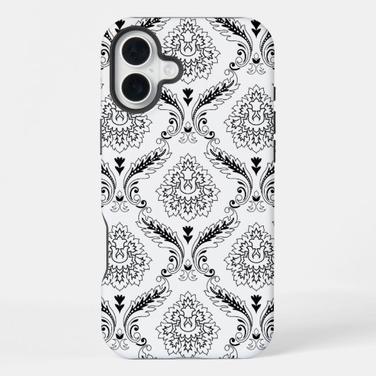 Rococo-Damask-Linienmuster Schwarz auf Weiß iPhone Hülle (Rückseite)