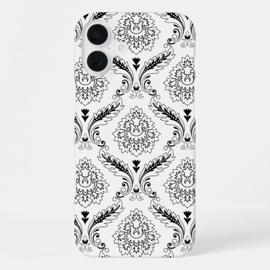 Rococo-Damask-Linienmuster Schwarz auf Weiß iPhone Hülle (Rückseite)