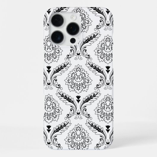 Rococo-Damask-Linienmuster Schwarz auf Weiß iPhone Hülle (Rückseite)