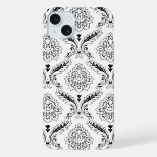 Rococo-Damask-Linienmuster Schwarz auf Weiß iPhone 15 Plus Hülle