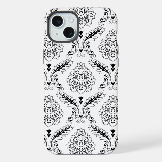 Rococo-Damask-Linienmuster Schwarz auf Weiß iPhone Hülle (Rückseite)