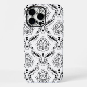 Rococo-Damask-Linienmuster Schwarz auf Weiß iPhone 16 Pro Max Hülle