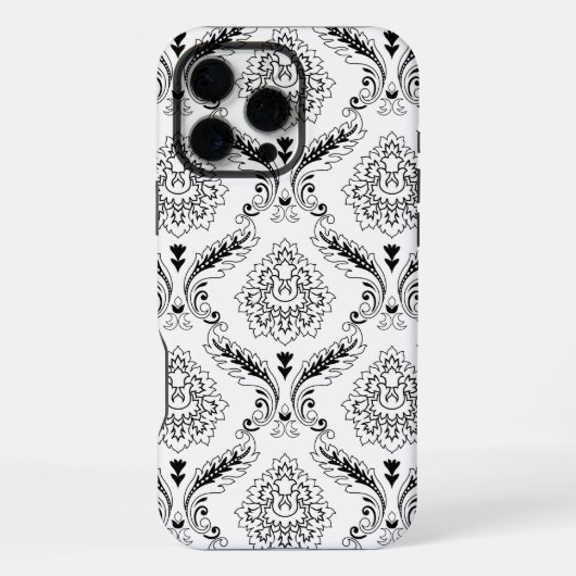 Rococo-Damask-Linienmuster Schwarz auf Weiß iPhone Hülle (Rückseite)