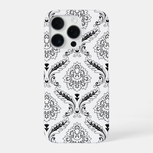 Rococo-Damask-Linienmuster Schwarz auf Weiß iPhone Hülle (Rückseite)