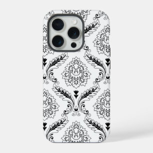 Rococo-Damask-Linienmuster Schwarz auf Weiß iPhone 15 Pro Hülle