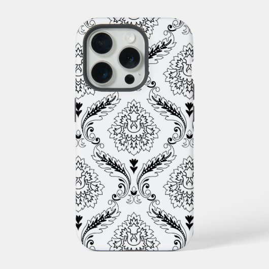 Rococo-Damask-Linienmuster Schwarz auf Weiß iPhone Hülle (Rückseite)