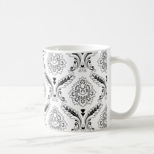 Rococo-Damask-Linienmuster Schwarz auf Weiß Kaffeetasse (Rechts)