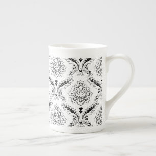 Rococo-Damask-Linienmuster Schwarz auf Weiß Porzellantasse