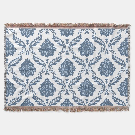 Rococo-Damask-Muster Blau auf Weiß Decke (Vorderseite)