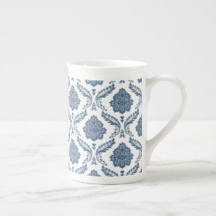 Rococo-Damask-Muster Blau auf Weiß Porzellantasse