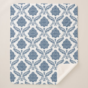 Rococo-Damask-Muster Blau auf Weiß Sherpadecke