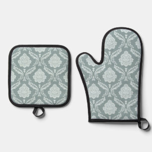 Rococo-Damask-Muster Enteneierblau+Türkis Ofenhandschuh & Topflappen-Set