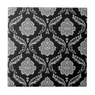Rococo-Damask-Muster Grau auf Schwarz Fliese