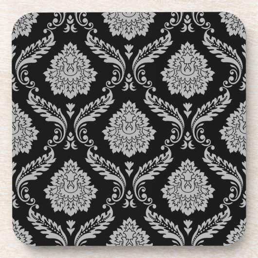 Rococo-Damask-Muster Grau auf Schwarz Getränkeuntersetzer (Vorderseite)