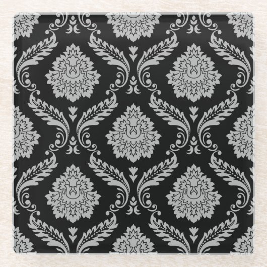 Rococo-Damask-Muster Grau auf Schwarz Glasuntersetzer (Vorderseite)
