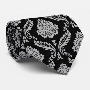 Rococo-Damask-Muster Grau auf Schwarz Krawatte
