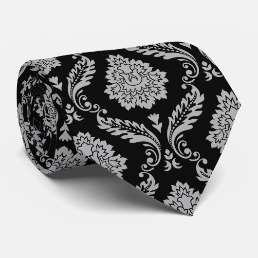 Rococo-Damask-Muster Grau auf Schwarz Krawatte (Gerollt)