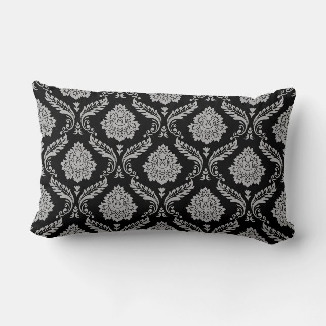 Rococo-Damask-Muster Grau auf Schwarz Lendenkissen (Rückseite)
