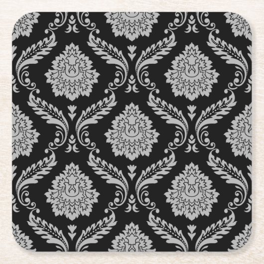 Rococo-Damask-Muster Grau auf Schwarz Rechteckiger Pappuntersetzer (Vorderseite)