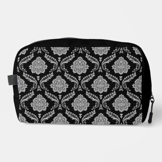 Rococo-Damask-Muster Grau auf Schwarz Waschbeutel (Vorderseite)