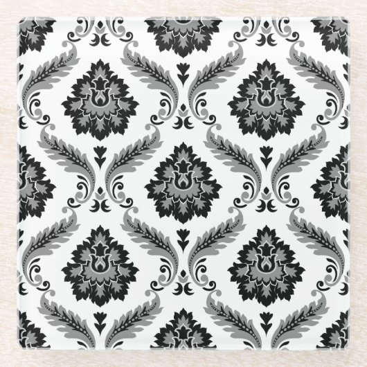 Rococo-Damask-Muster Grau Schwarz Weiß Glasuntersetzer (Vorderseite)